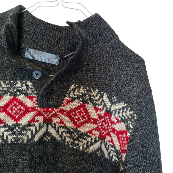 Oscar De La Renta Men's Pullover Sweater Sz XL Gray fair isle 3/4 button up - Picture 2 of 6